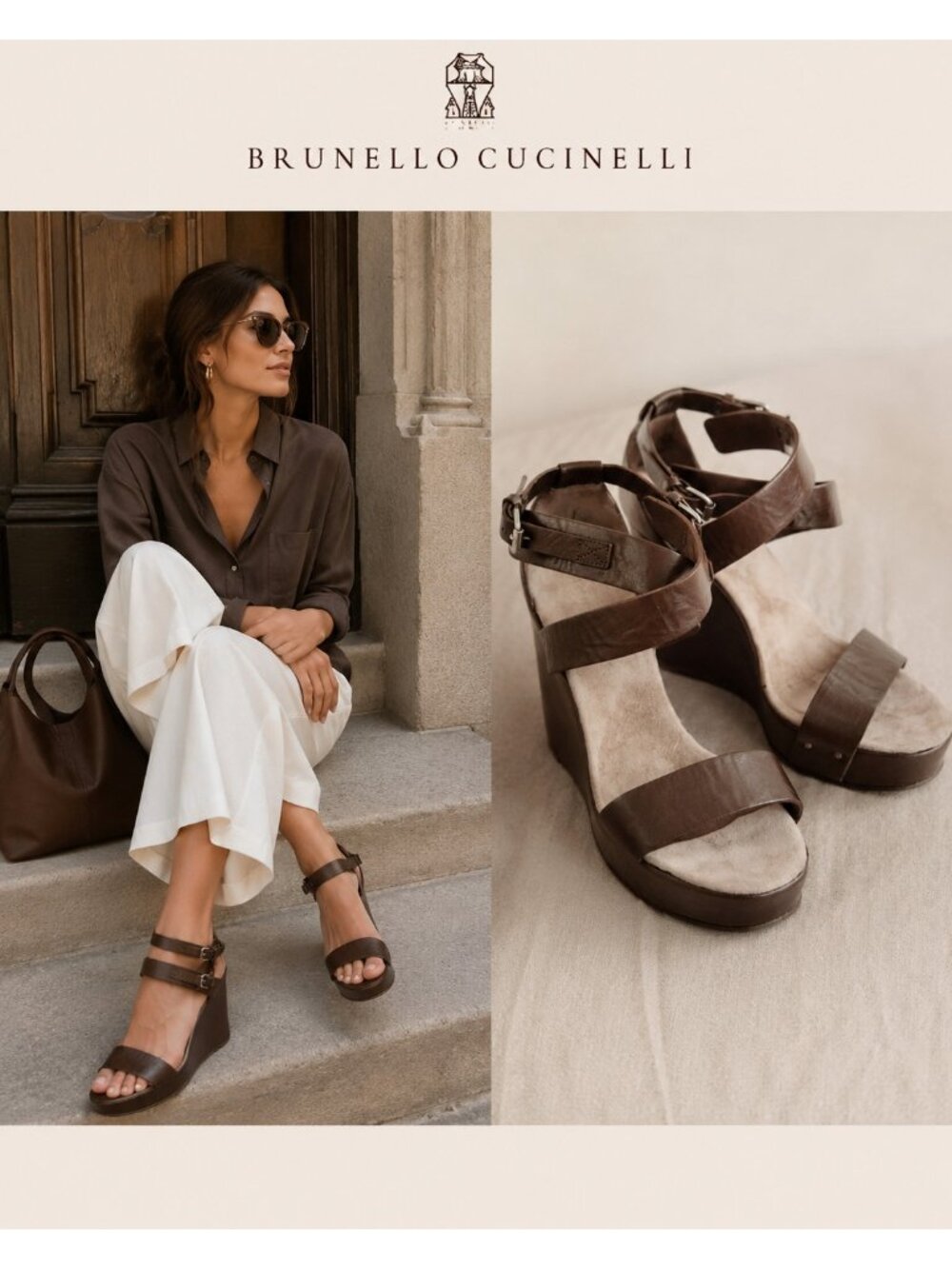 Brunello Cucinelli Brown Leather Platform Wedge Sandals 37.5 Italy